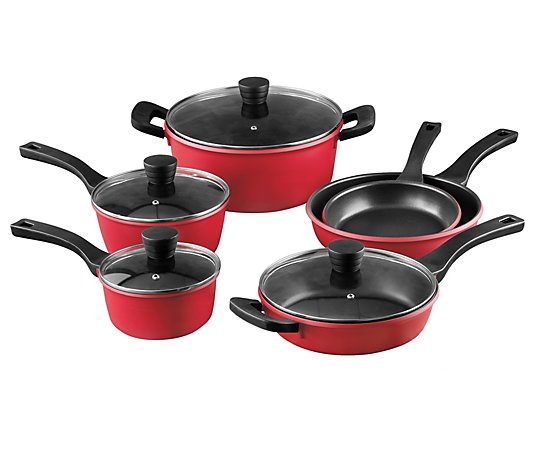 Bergner Retro Collection Cast Aluminum Nonstick Pots and Pans 10 Piece Cookware Set - Red