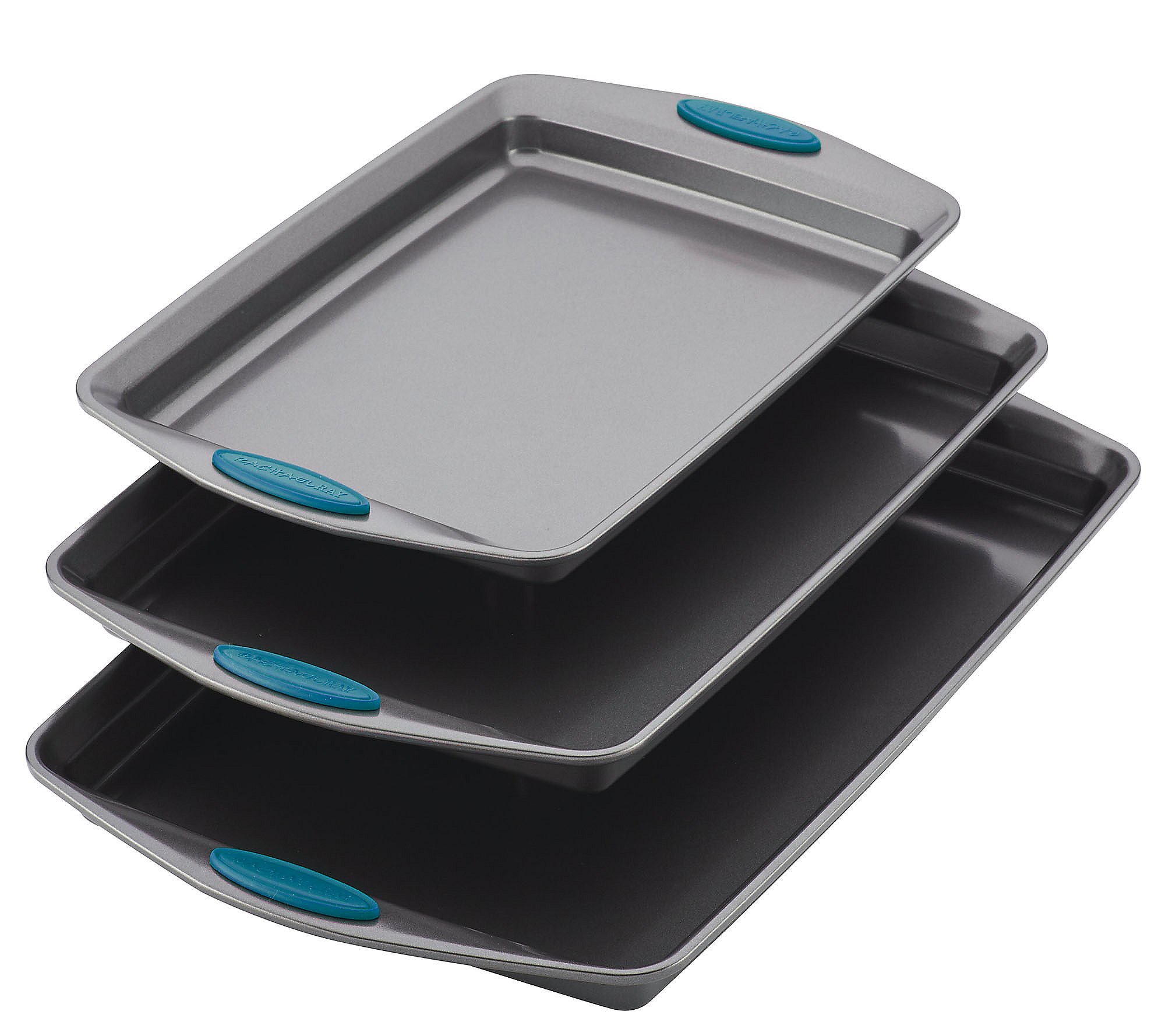 Rachael Ray Bakeware Nonstick Cookie Pan Set 3-Piece Gray with Marine Blue Grips 
