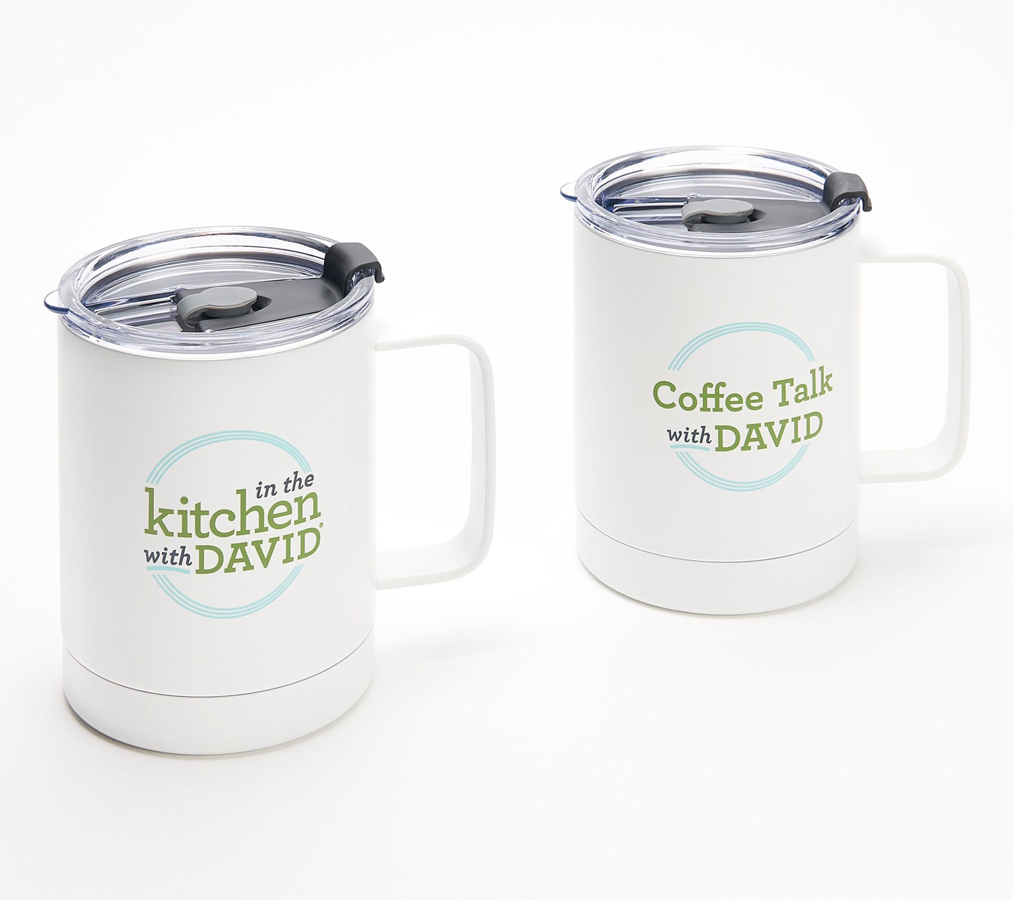 As Is In the Kitchen S/2 with David 14-oz Insulated Travel Mugs 