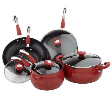 Paula Deen Signature Porcelain Non-Stick 11p Cookware Pots Pans Set Red  Speckled