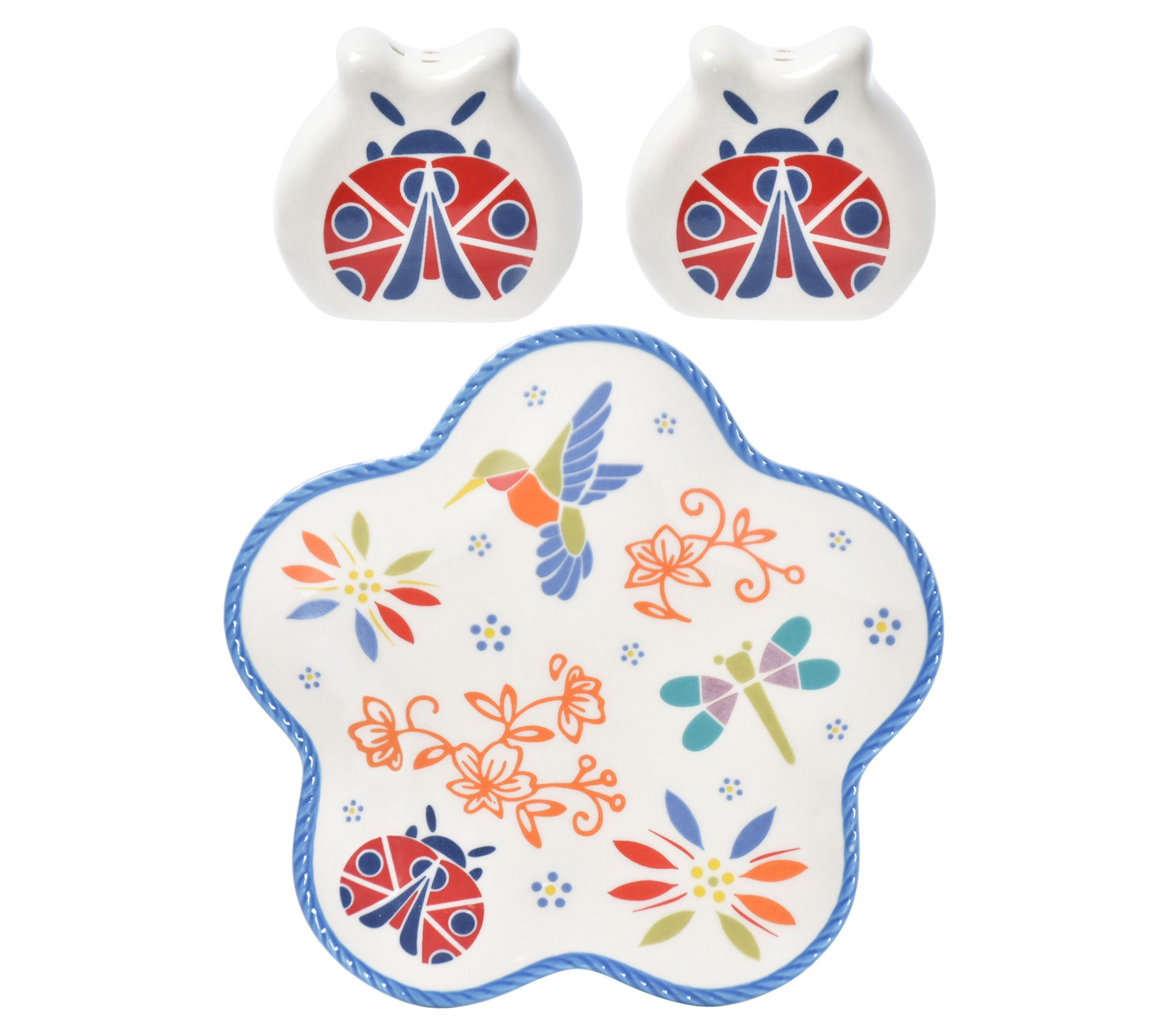 Temptations Figural Salt and Pepper Shakers with Plate