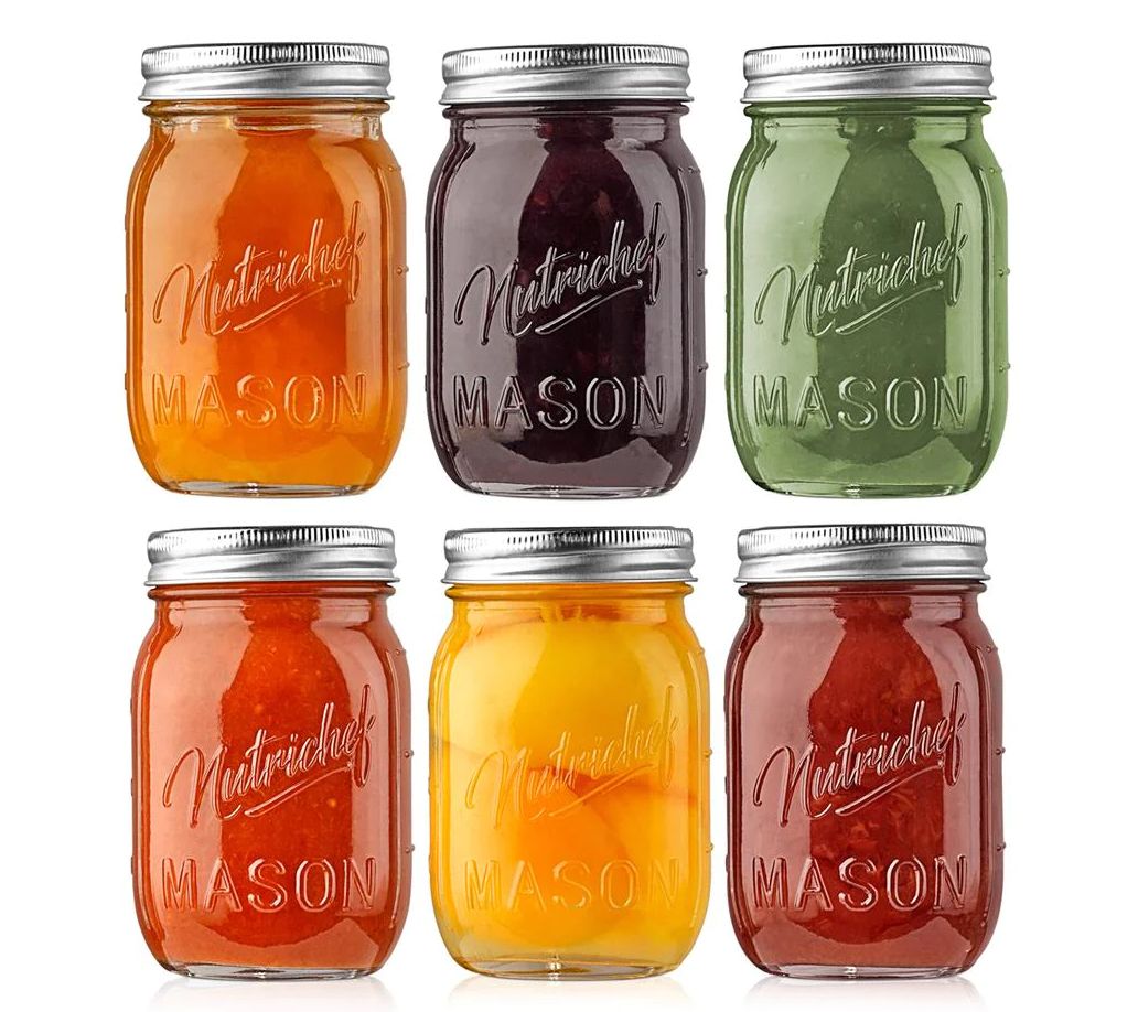 Nutrichef 6 Pcs. Glass Mason Jars w/ Lids & Ban ds