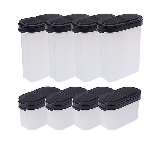 Tupperware Spice Shakers 8 Small & 8 Large Clear Containers Black Seals NEW 