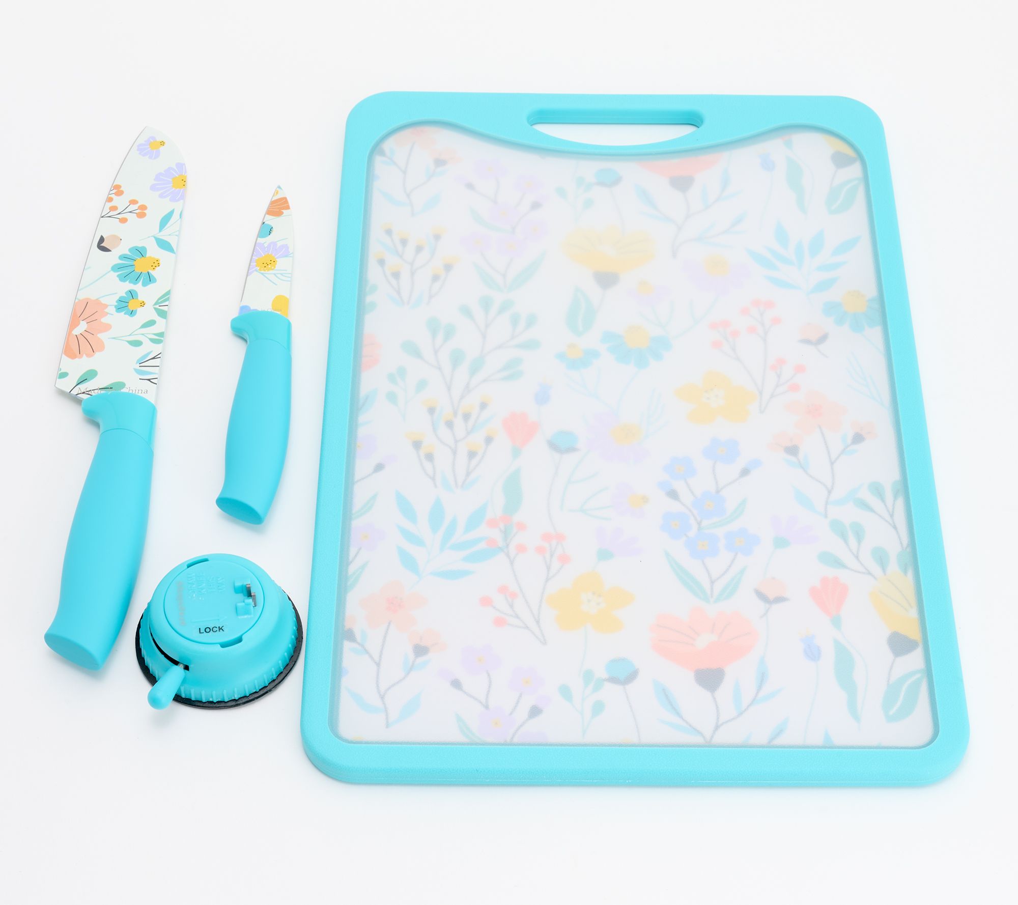 "As Is" Prepology Print Cutting Board w/Knife Set and Sharpener