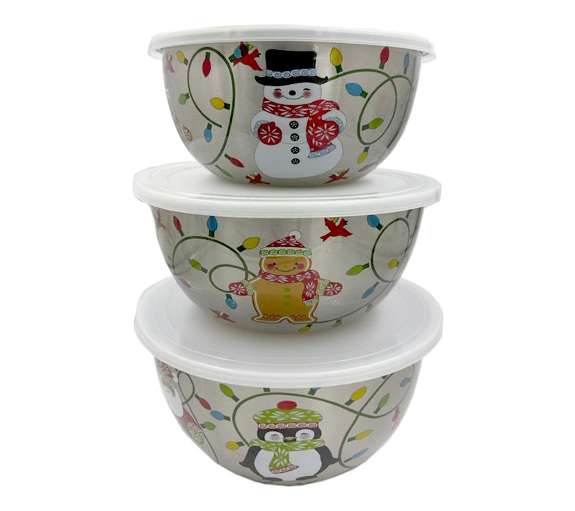 "As Is" Temp-tations Seasonal S/3 Stainless Steel Bowls w/ Decals