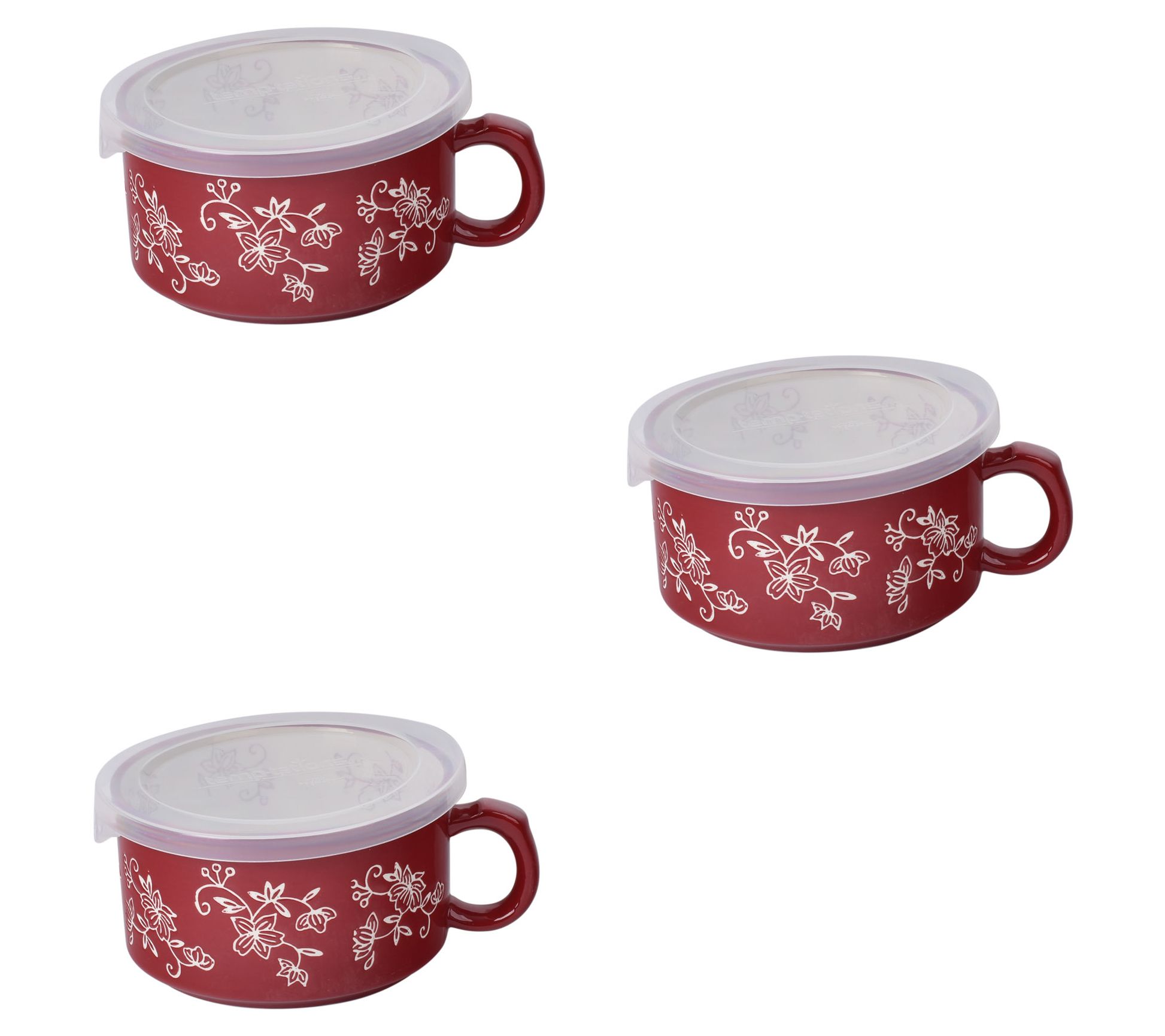 Temptations Floral Lace Set of (3) Seal the Meal Mugs w/ Lids