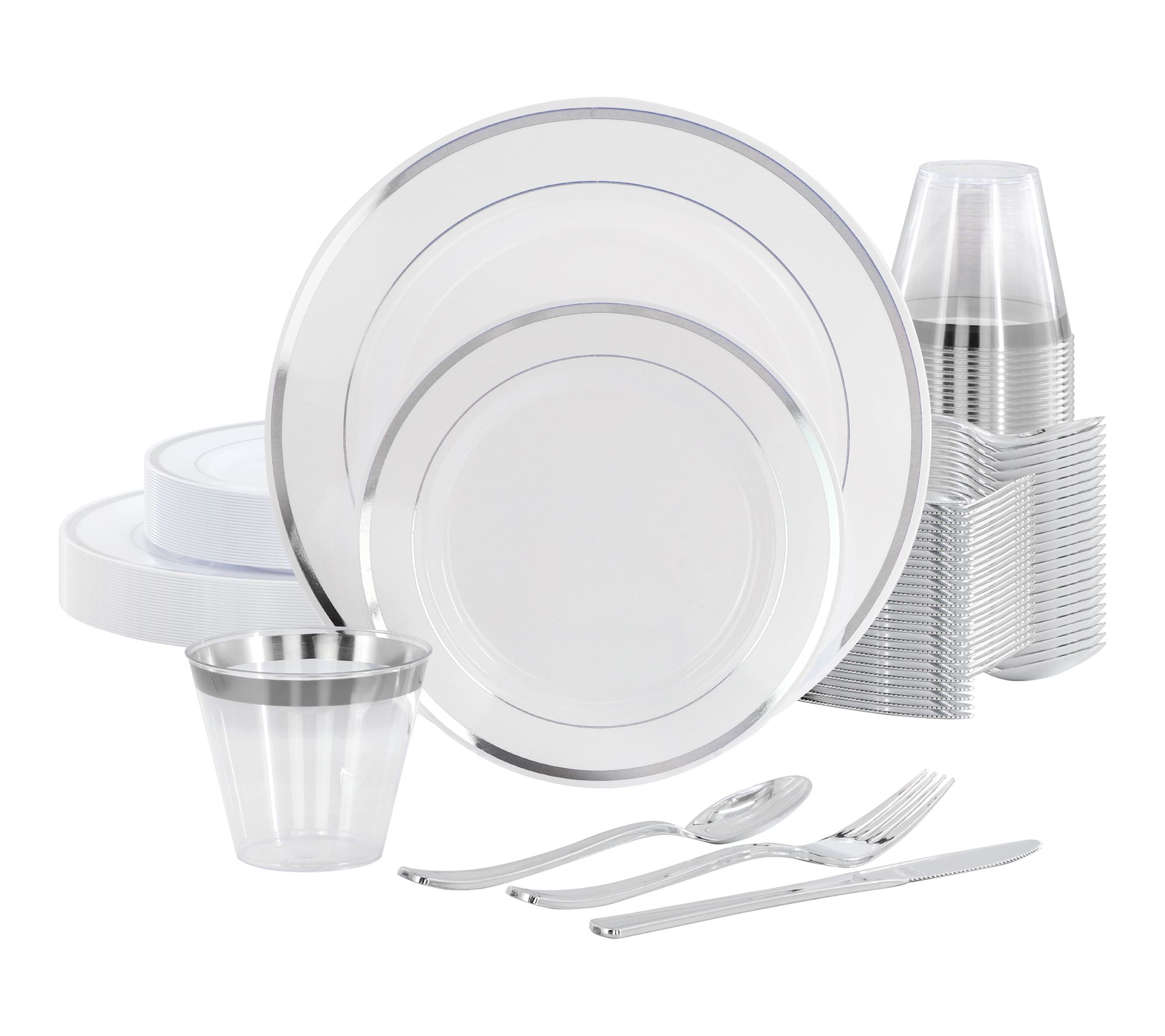 Elama 150 Pc Disposable Dinnerware Set for 25 in White Silver