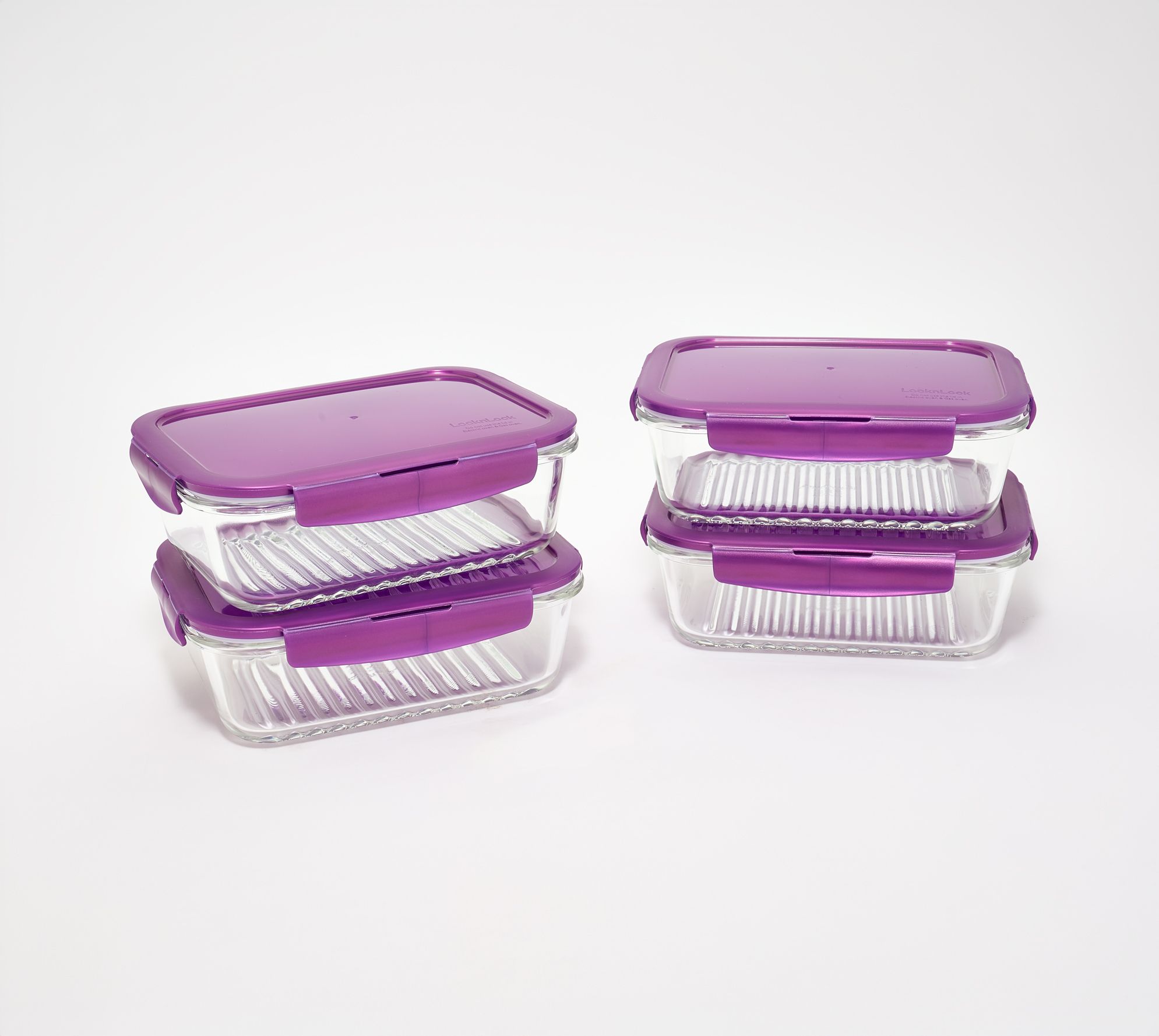 LocknLock Set of 4 Rectangle Glass Containers with Wave Bottom