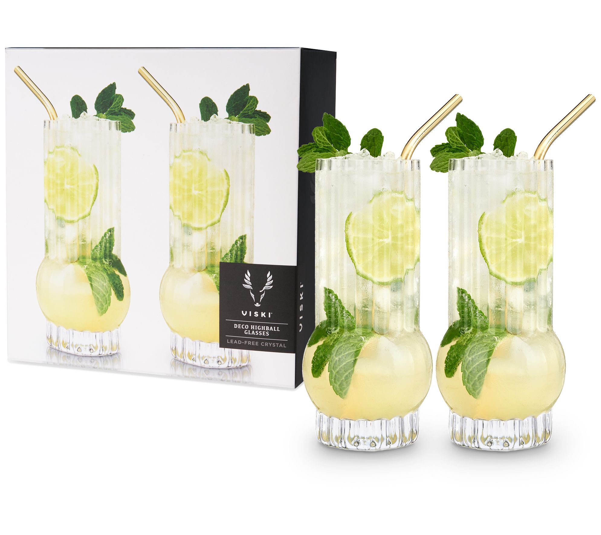 Viski Set of 2 Deco Crystal Highball Glasses