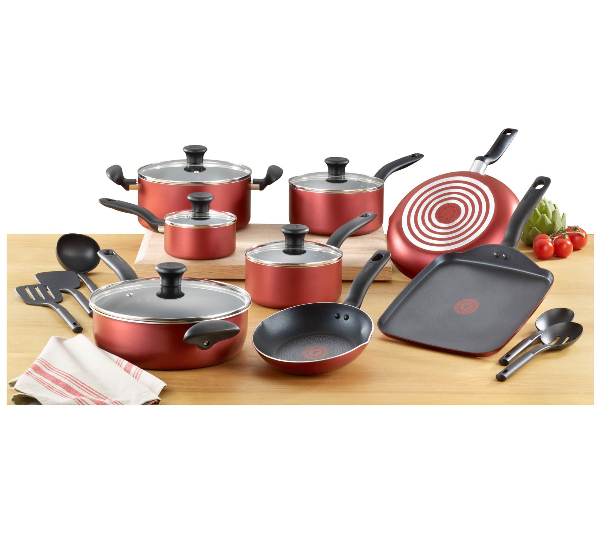 Cookware Set Tfal T-Fal Nonstick Pots Pans Utensils Non Stick Cooking 18  pcs Red