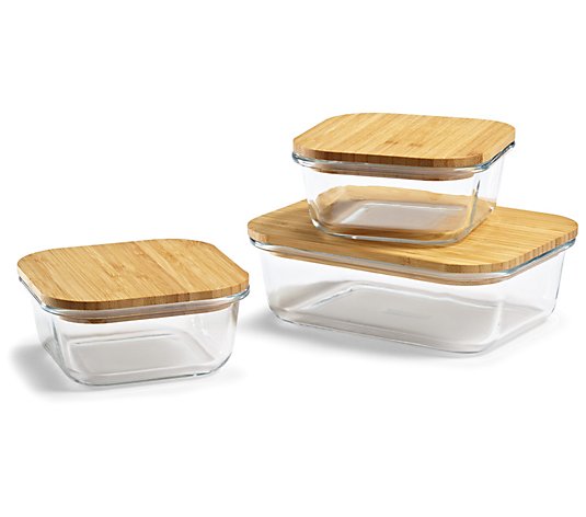 As Is THEA 3-Piece Glass Food Storage Set with Bamboo Lids 
