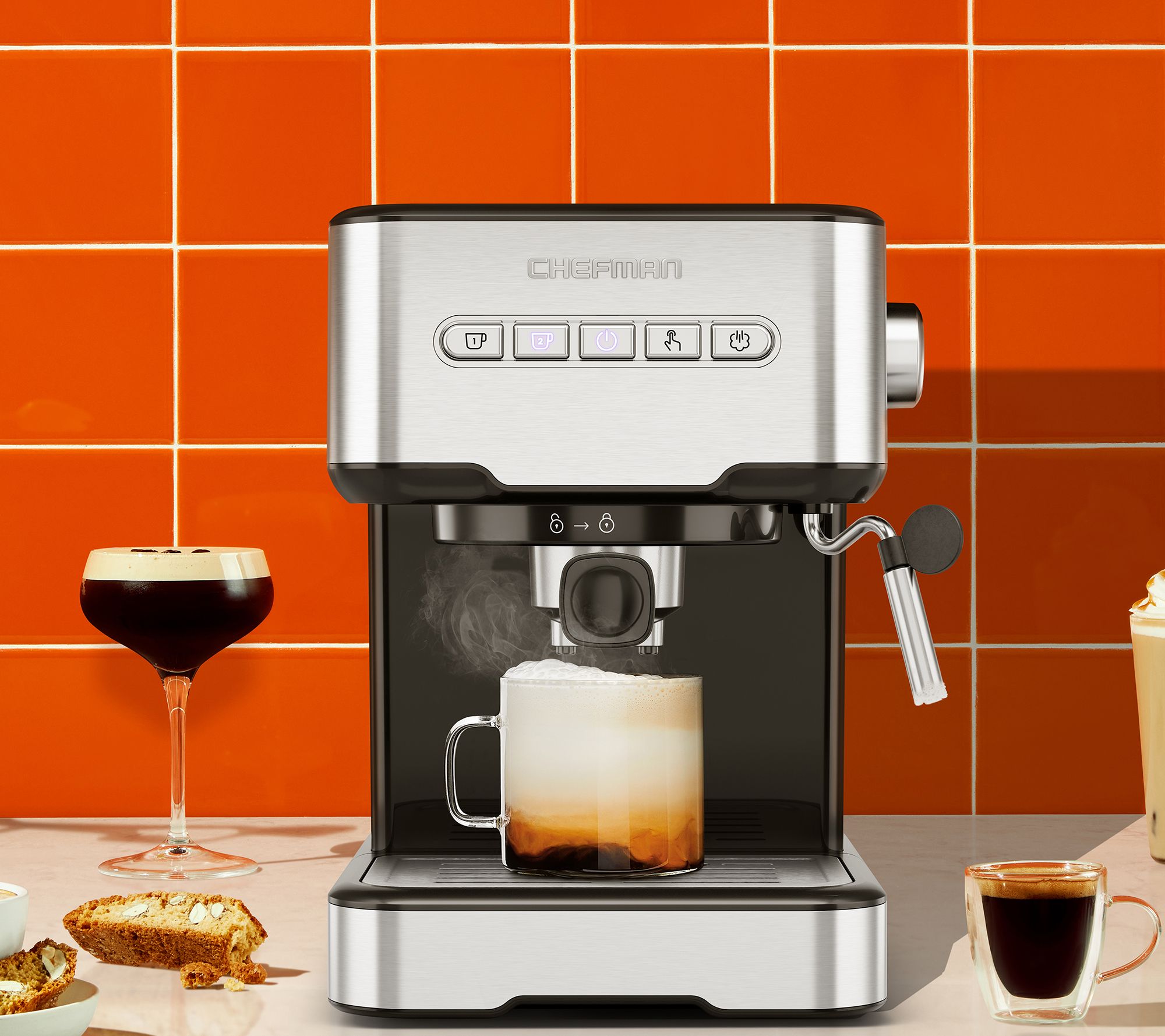 Chefman 4-in-1 Espresso Machine with Steamer & Milk Frother, 1.5 Liter,  Stainless Steel 