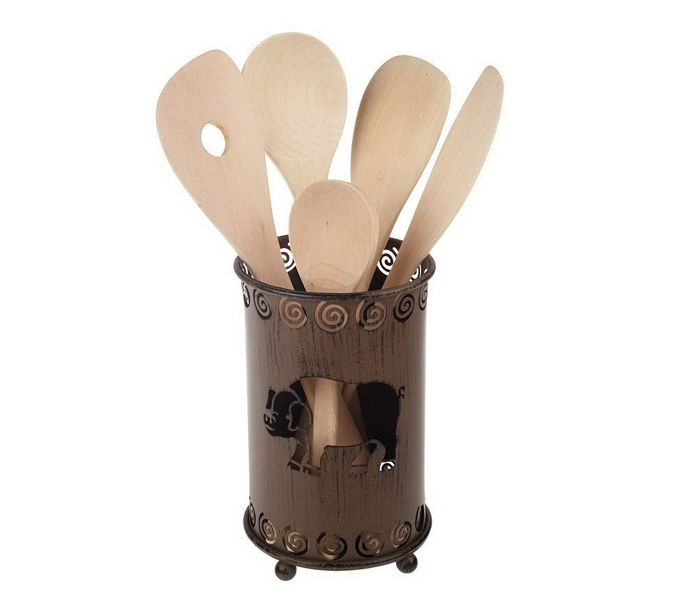 Paula Deen Rooster Or Pig Metal Utensil Crock With 5 Wooden Tools