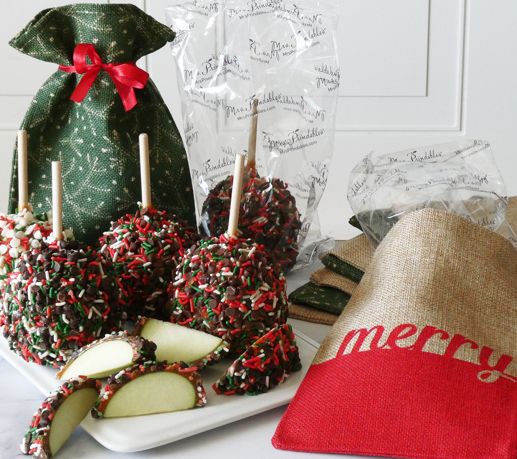 Mrs. Prindables 9pc Individual Apple Assort. with Holiday Burlap Bags