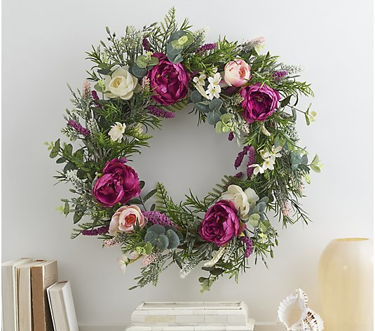 Wicker Park Indoor/Outdoor 24" Faux Peony and Tea Blossom Wreath