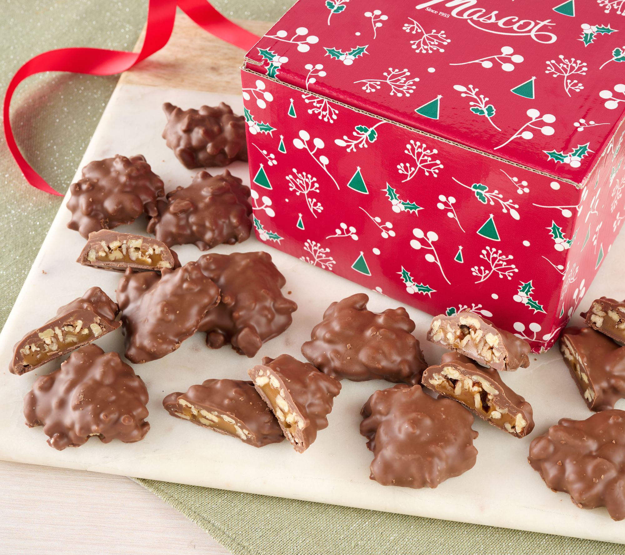 SH11/2 Mascot 1lb Chocolate Pecan Clusters in Holiday Gift Box
