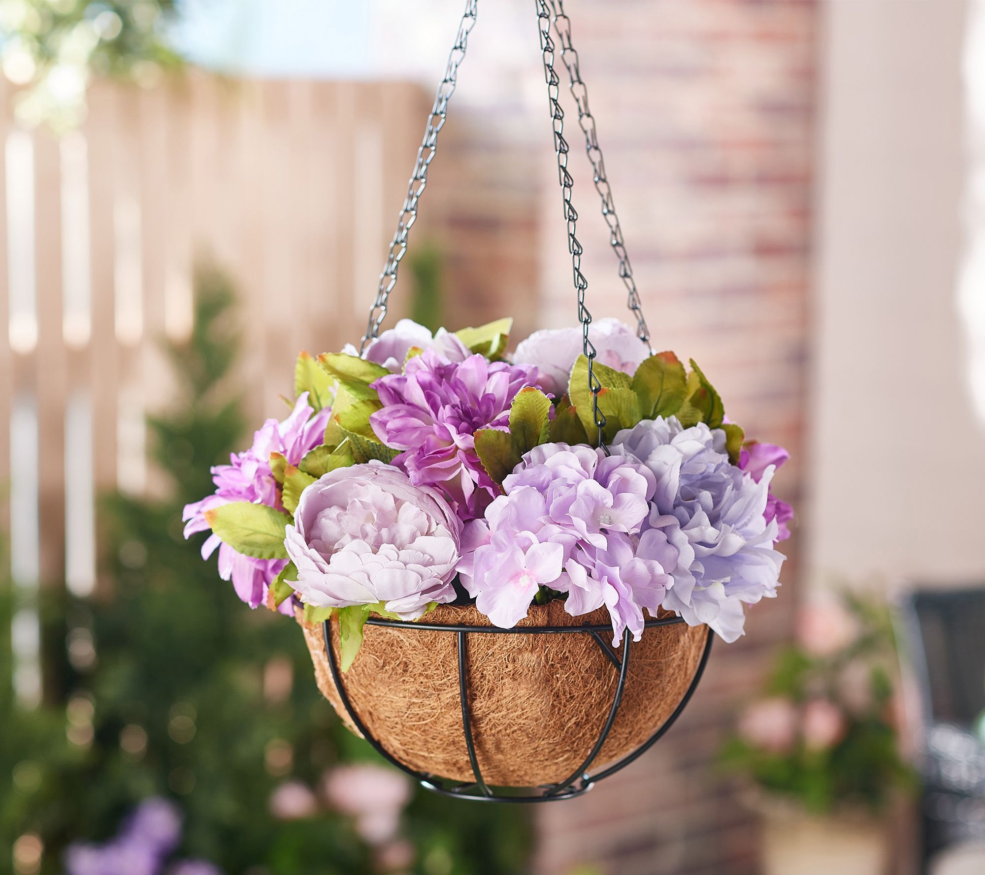 Image of Hanging basket of hydrangeas with white, pink, and blue flowers