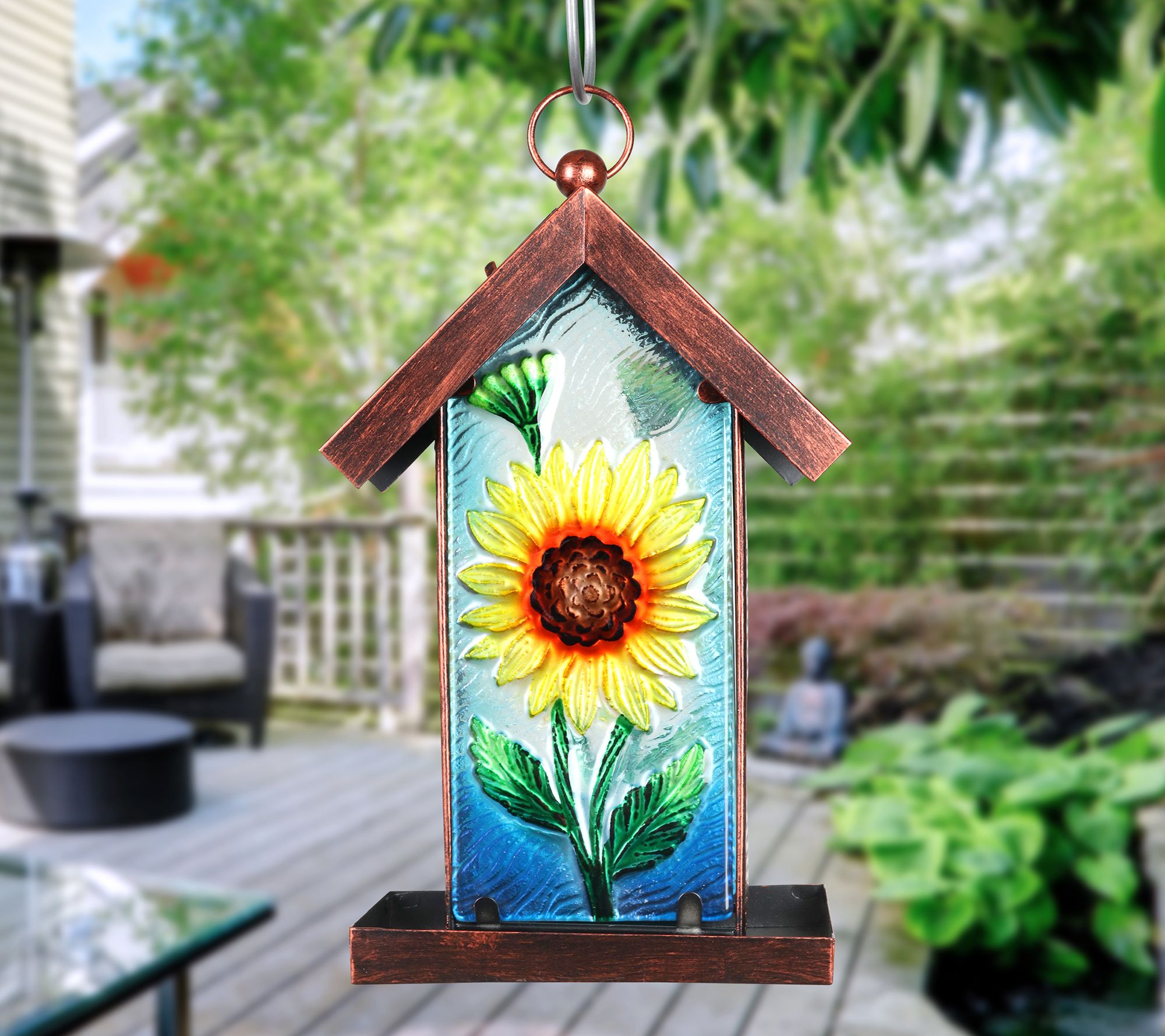 Exhart Solar Sunflower Glass Panel Bird Feeder