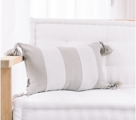 20"x12" Oblong Grey Stripe Outdoor Pillow with Tassels by Lauren McBride