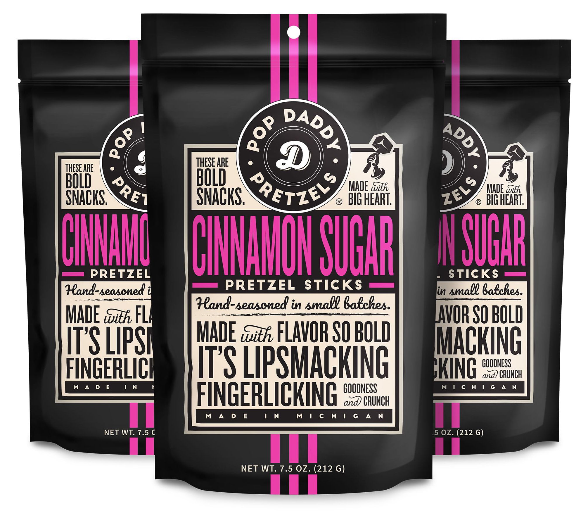 Pop Daddy (3) 7.5-oz Bags Cinnamon Sugar Gourmet Pretzels