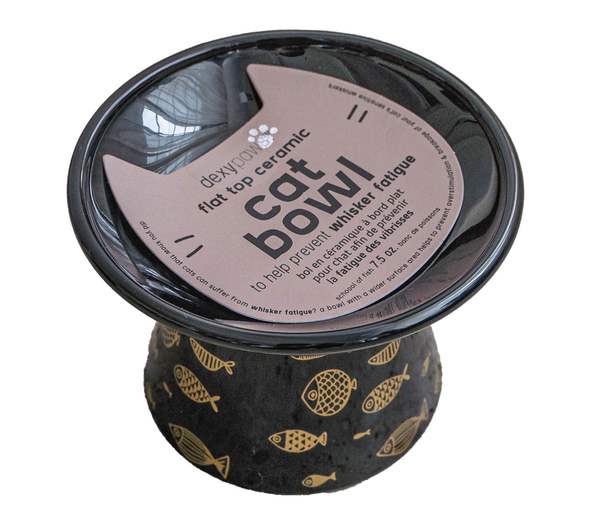 Dexypaws Flat Top 7.5ozCeramic Cat Bowl Black F ish Print