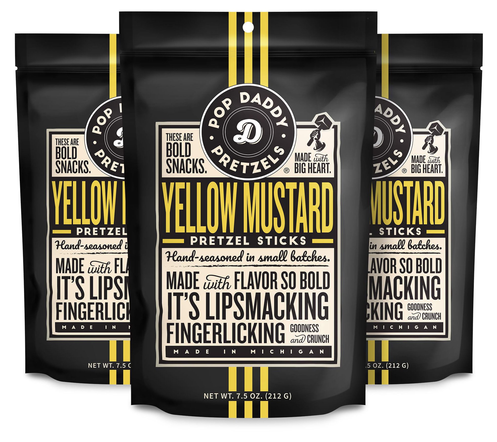 Pop Daddy (3) 7.5-oz Bags Yellow Mustard Gourmet Pretzels