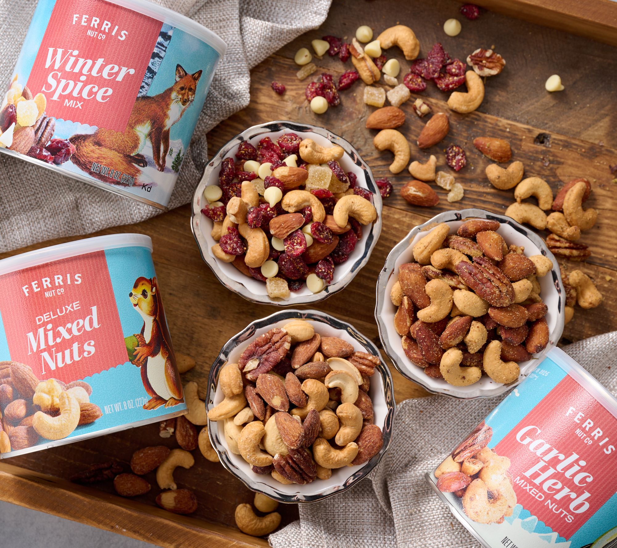 Ferris Nut Co. (3) 8oz Holiday Canisters Nut Mixes