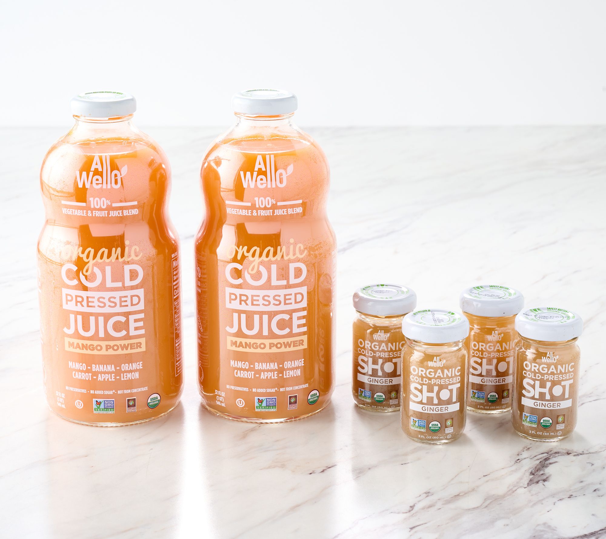 Allwello (2) 32oz Cold- Pressed Juice & (4) 2oz Ginger Shots