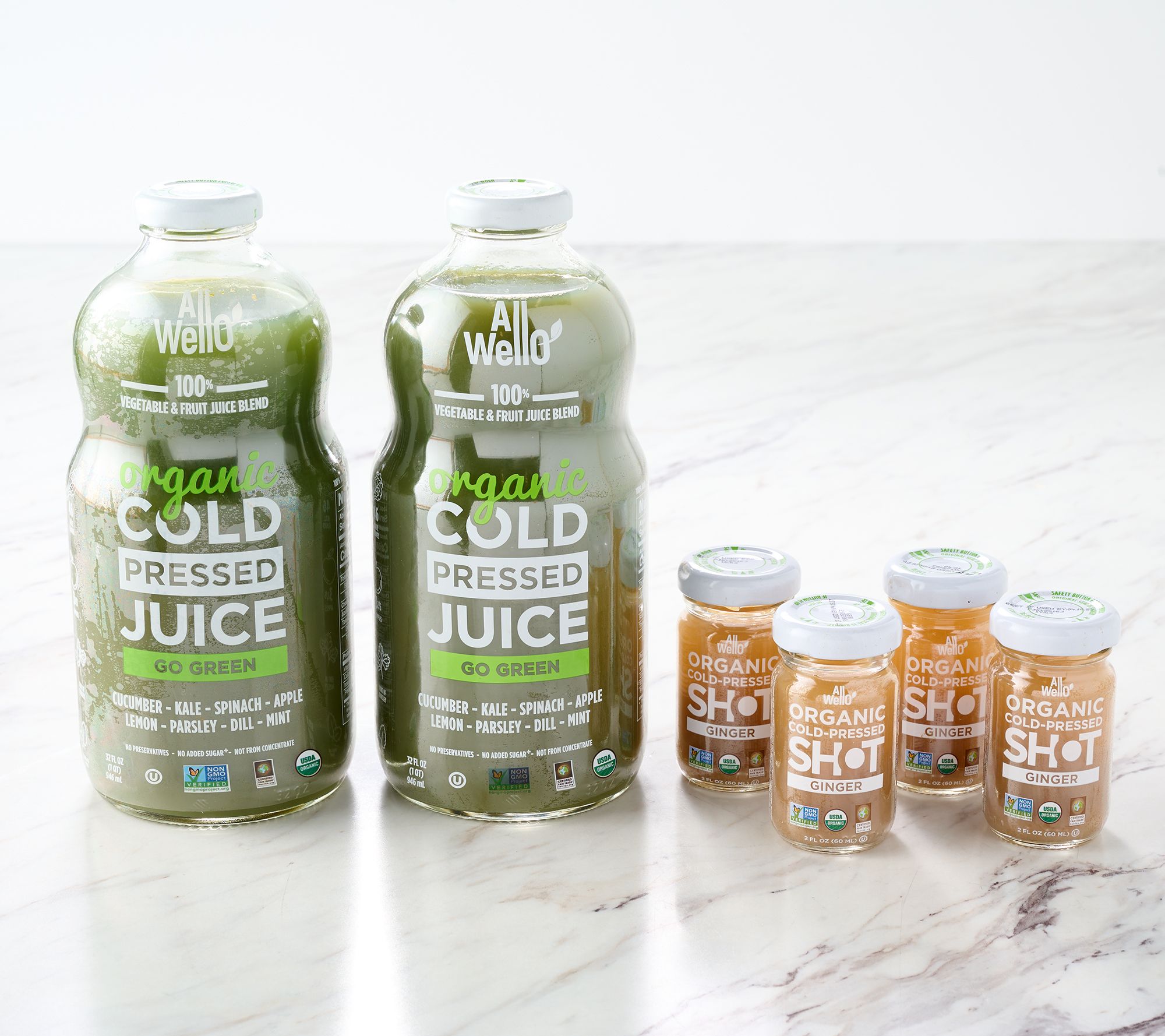 Allwello (2) 32oz Cold- Pressed Juice & (4) 2oz Ginger Shots
