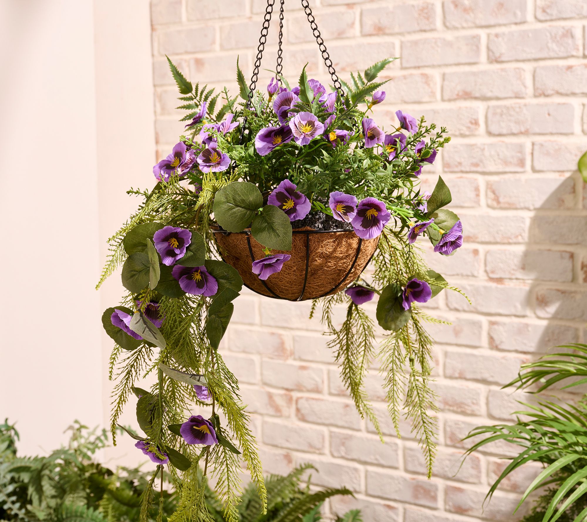 "As Is" Garden Reflections Cascading Faux Pansy & Fern Hanging Basket