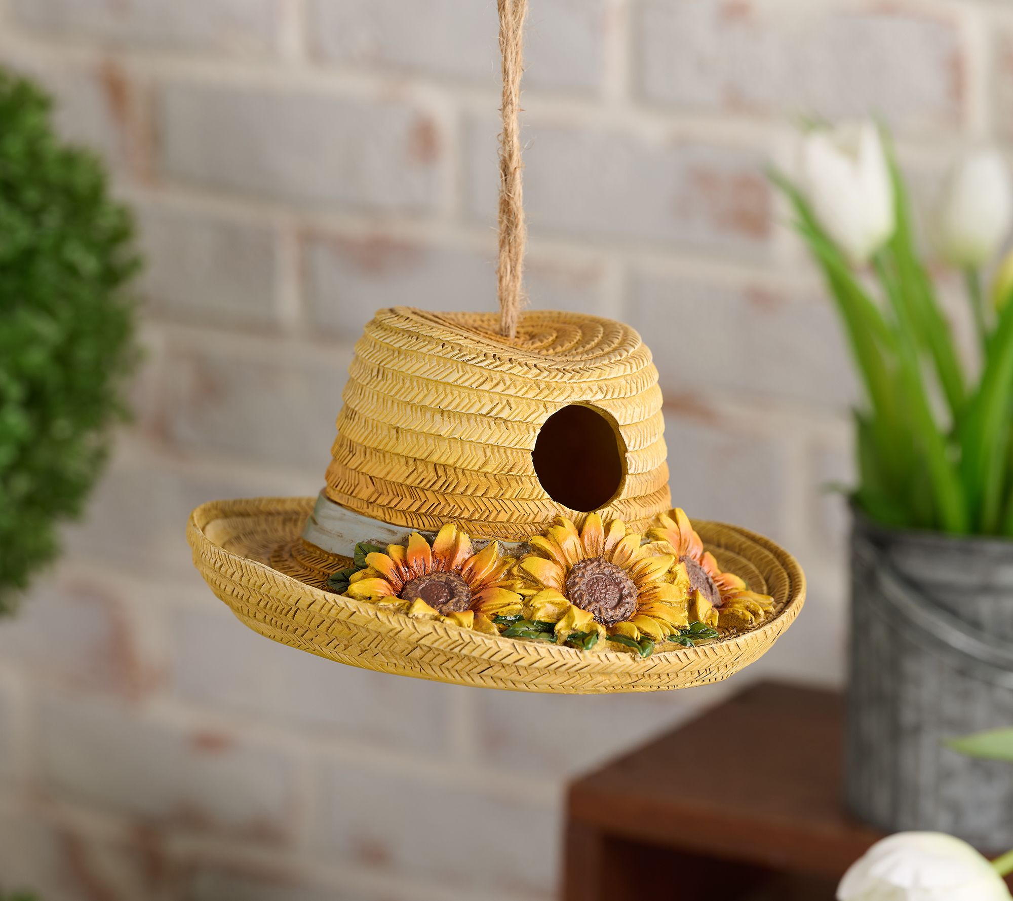 "As Is" Girl Next Door Straw Hat with Sunflowers Bird House