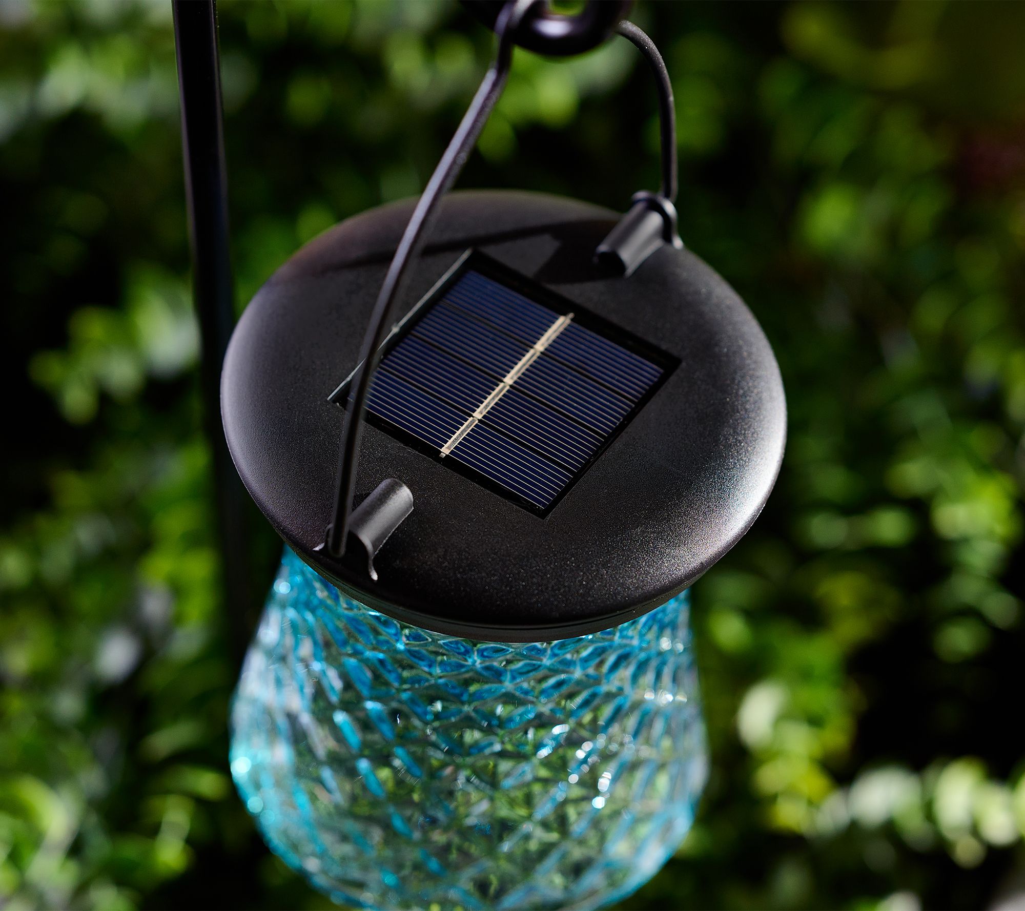 My Home Set of 2 Solar Diamond Glass Lanterns &Shepherds Hooks ,Blue
