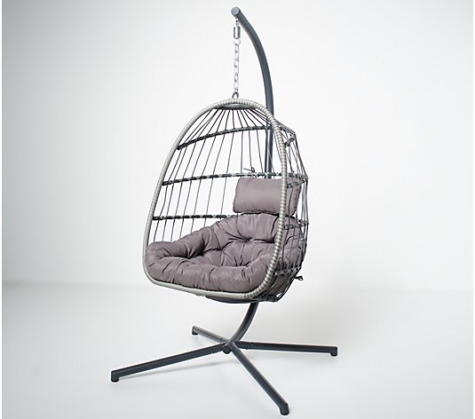Bliss Hammocks Hanging Wicker Egg Chair with Seat Cushion and Chair Stand