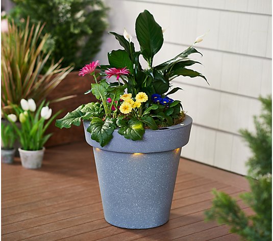 Plow & Hearth 16" Round Speckled Planter with LED Uplighting