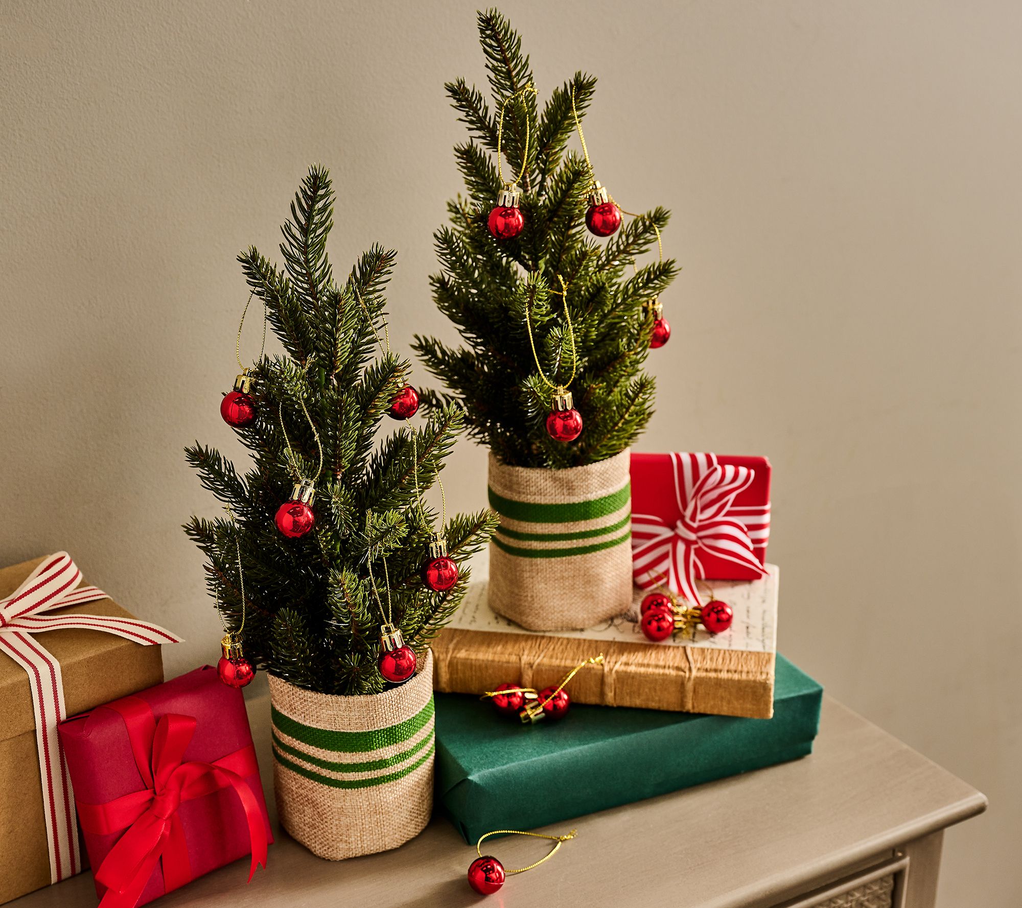 "As Is" Girl Next Door Set of 2 14" Mini Burlap Trees W/ Ornaments