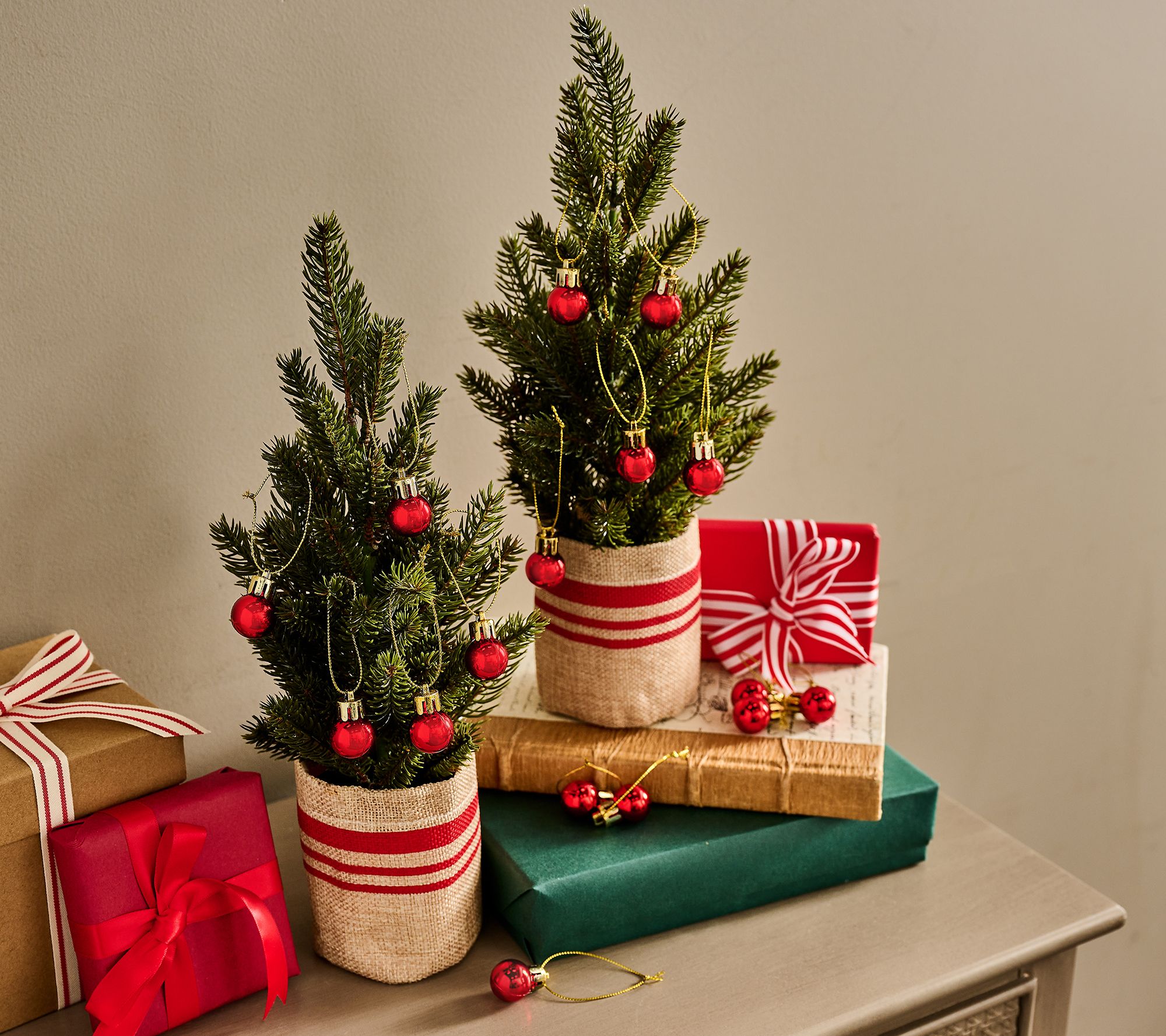 "As Is" Girl Next Door Set of 2 14" Mini Burlap Trees W/ Ornaments