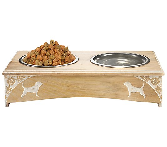 Ox Bay White Engraved Florals and Dogs Pet Feeder