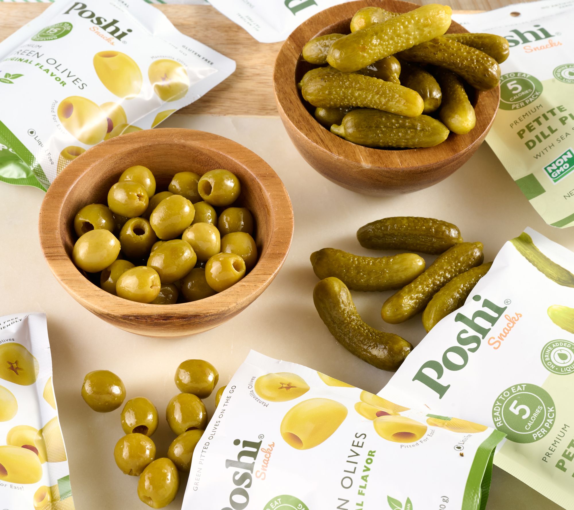 Poshi 12 Snack Packs Premium Green Olives & Petite Pickles