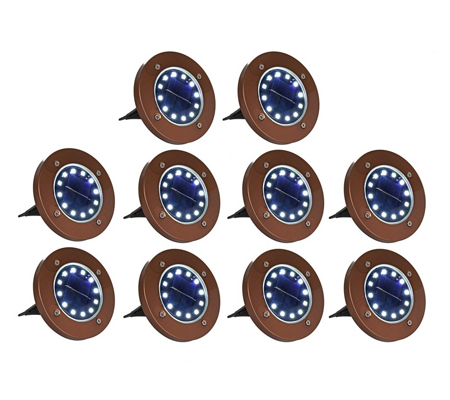 BrightEase Set of 10 Solar Disc Lights with 12-LED and Removable Stake