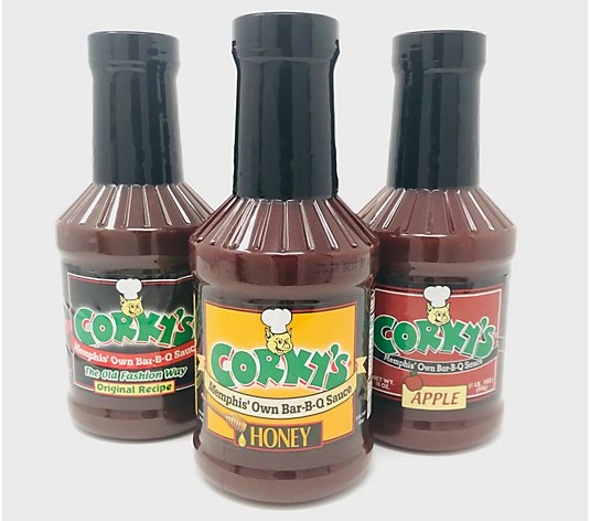 Corky's Set of (3) 18-oz Original, Honey & Apple BBQ Sauces