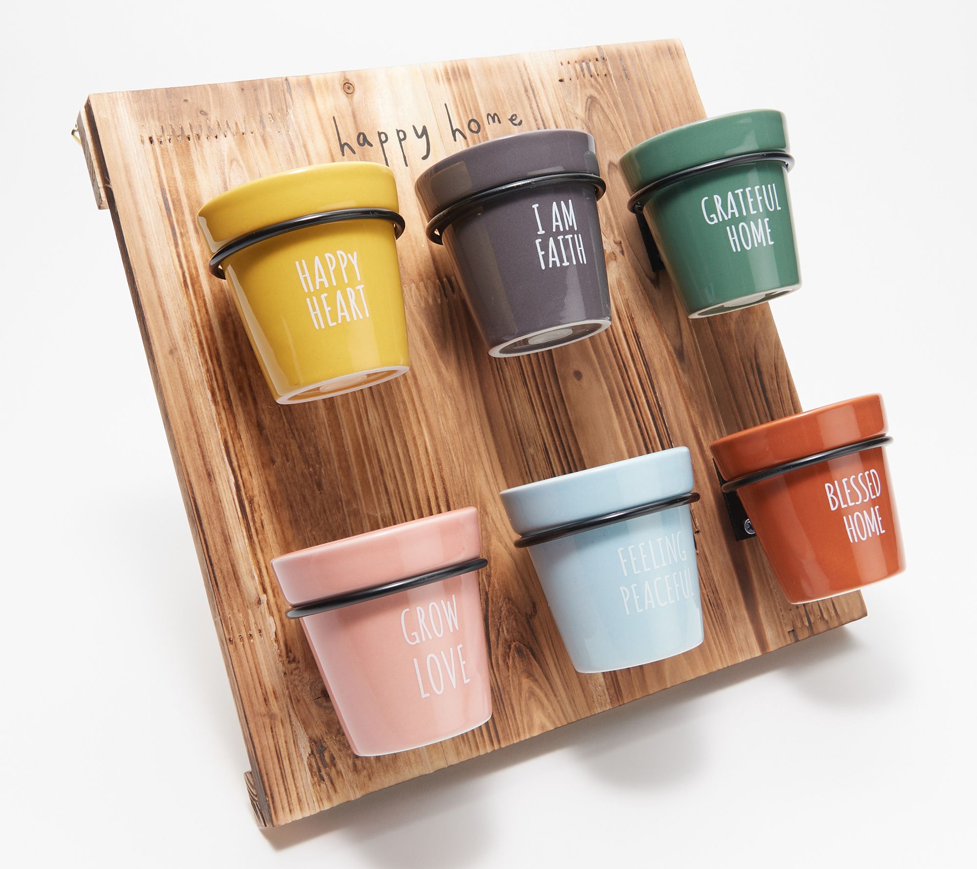 "As Is" Peace Love World Wooden Plant Stand with 6 Ceramic Pots