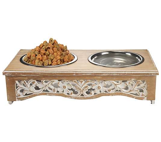 Ox Bay Pet Feeder with White Floral Filigree Cutouts