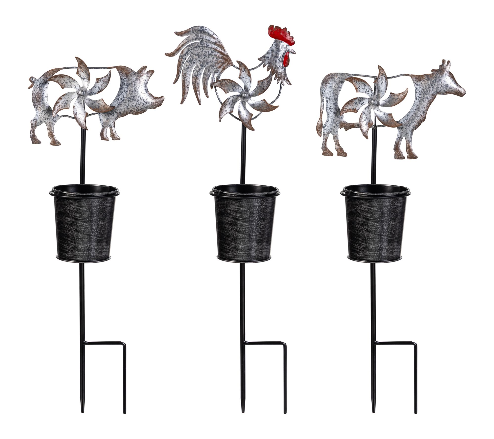 "As Is" Plow & Hearth Set of 3 Barnyard Animal Stakes w/ Mini Spinners