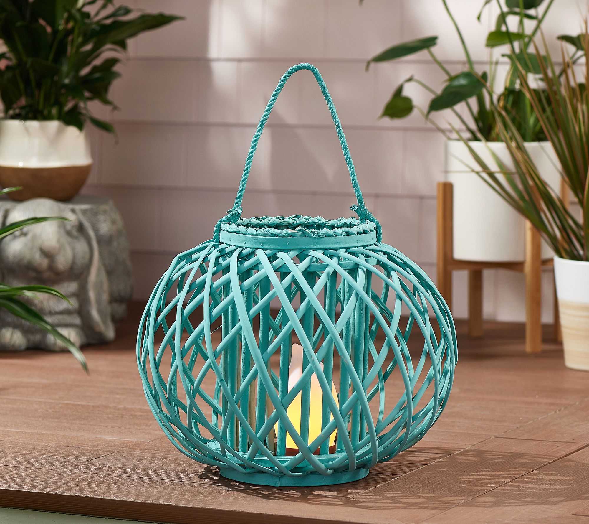 Barbara King 12" Round Wicker Lantern with Tiki Flame and Remote