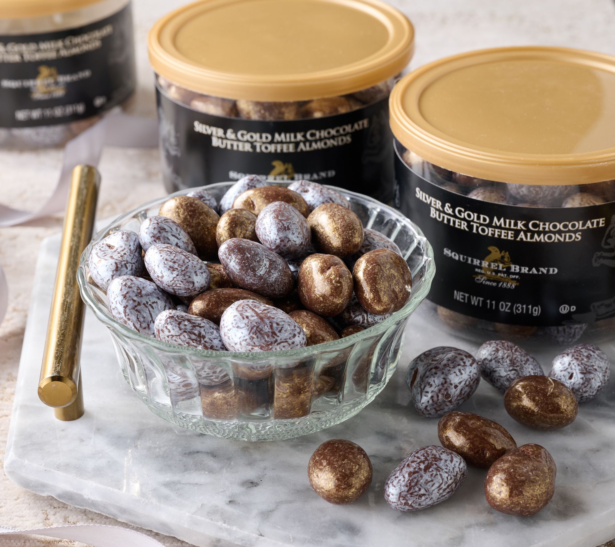 Squirrel Brand (3) 11oz. Jars Silver & Gold Butter Toffee Almonds