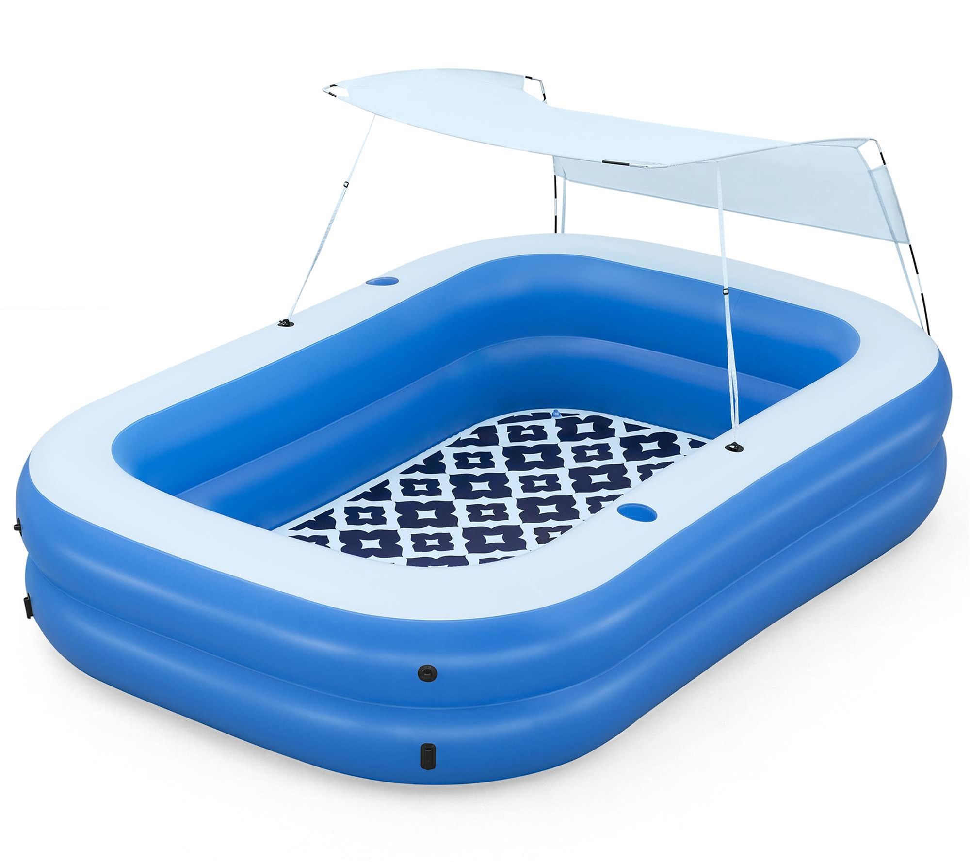 A blue and white inflatable pool with a shade