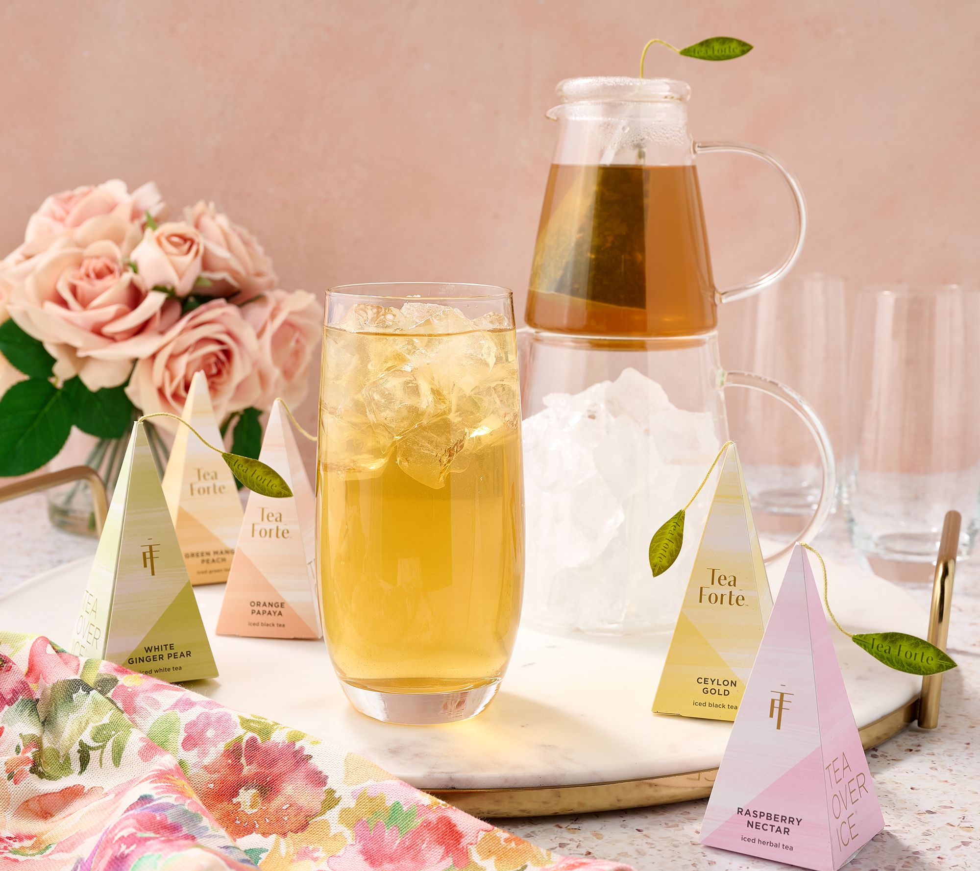Tea Forte Tea Over Ice Pitcher Set with Tea Sampler 5 Pack