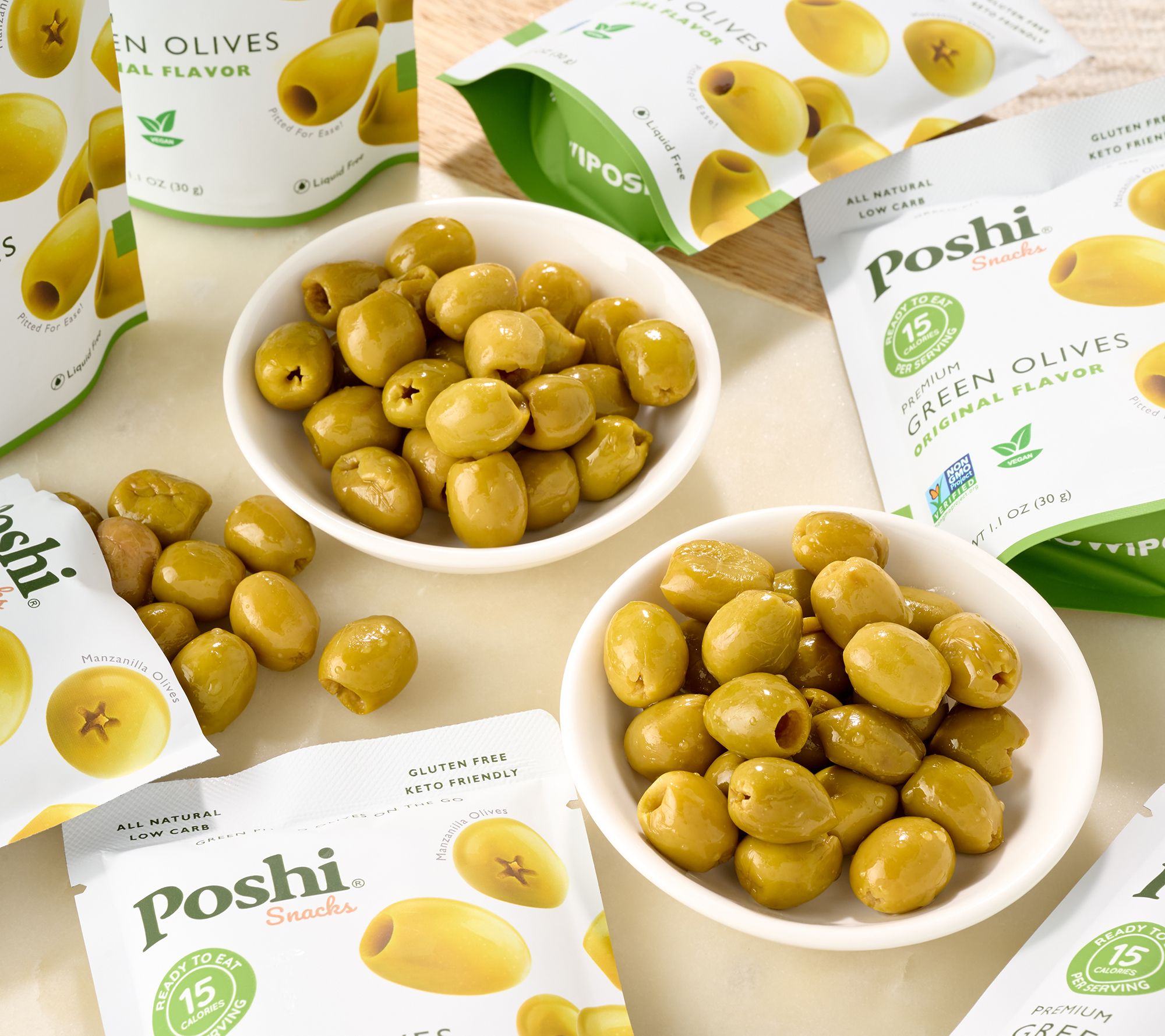 Poshi (10) 1.1-oz Snack Bags Premium Green Olives