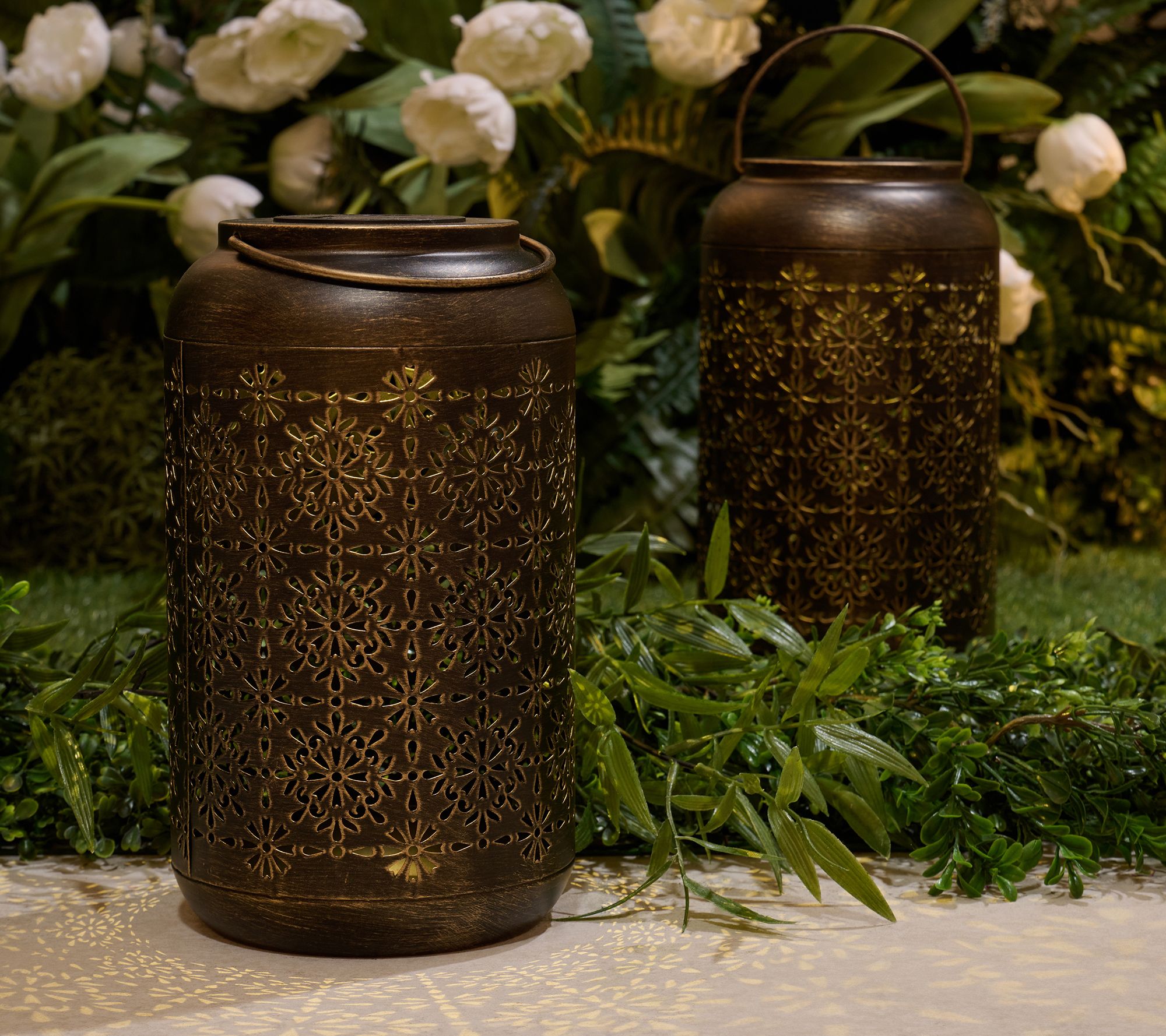 Garden Reflections Set of 2 Solar Illuminated Metal Lanterns