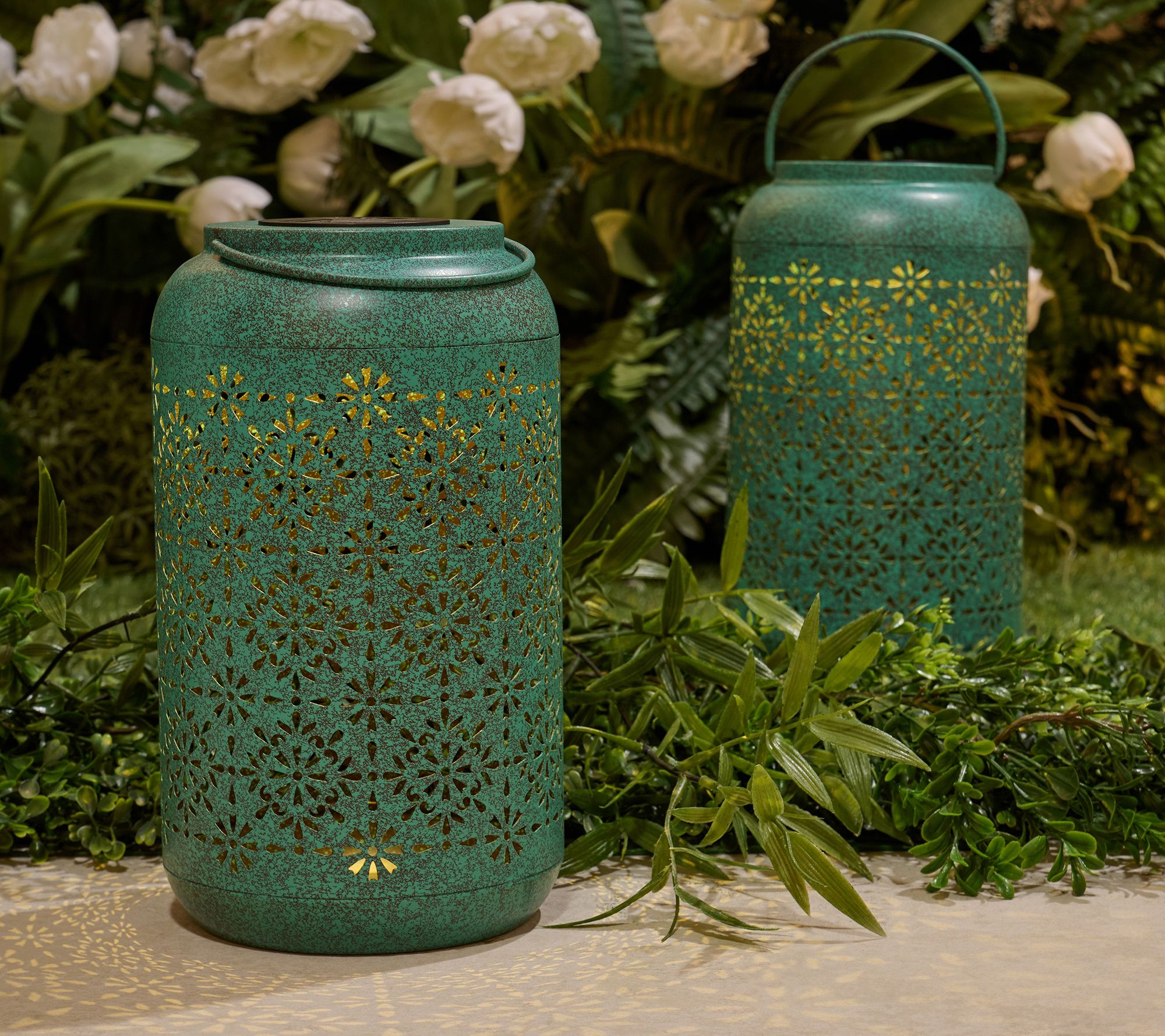 Garden Reflections Set of 2 Solar Illuminated Metal Lanterns